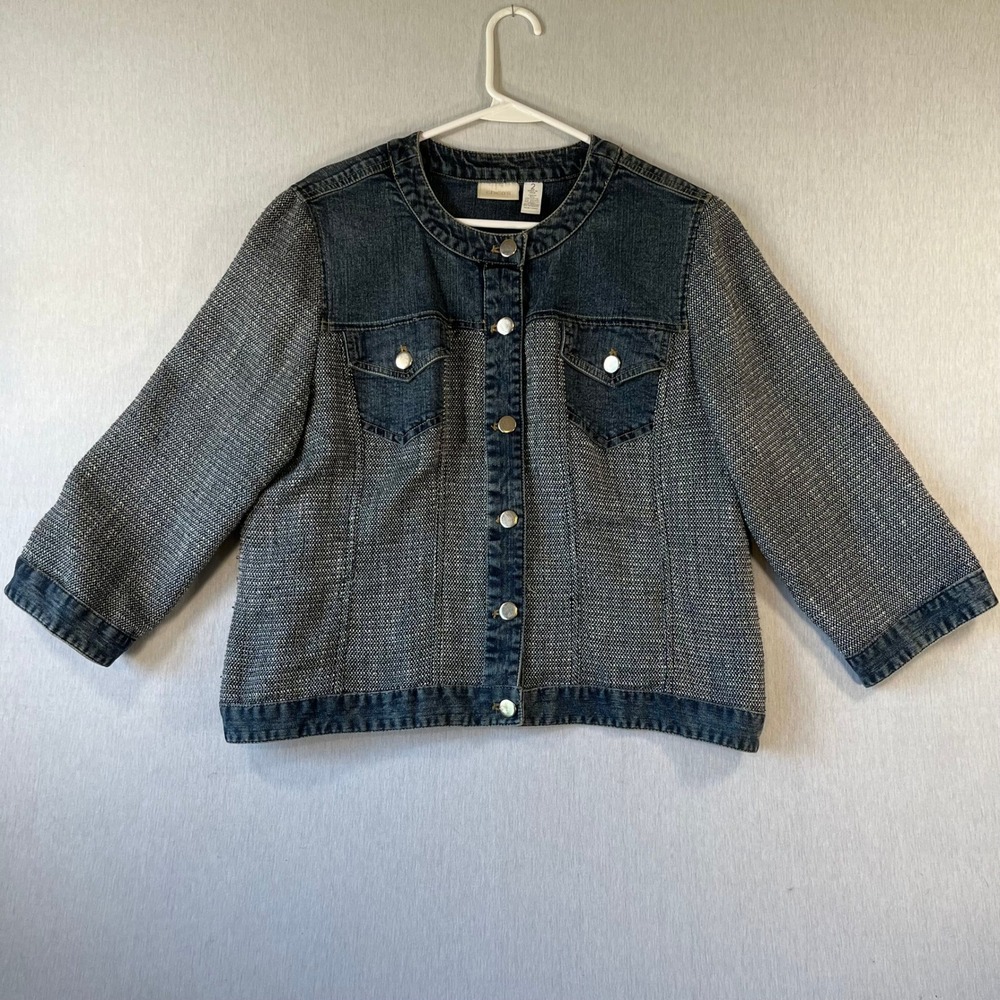 Chicos Jacket Women 2 Denim Tweed Mixed Media Jacket Blue White Button Front